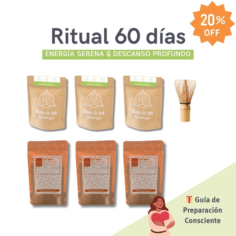 Ritual 60 Días – Energía Serena & Descanso Profundo. Incluye: 3 Matcha Barista + 3 Quiet Nights + Chasen + REGALO Guía de Preparación Consciente + Despacho Gratis en RM
